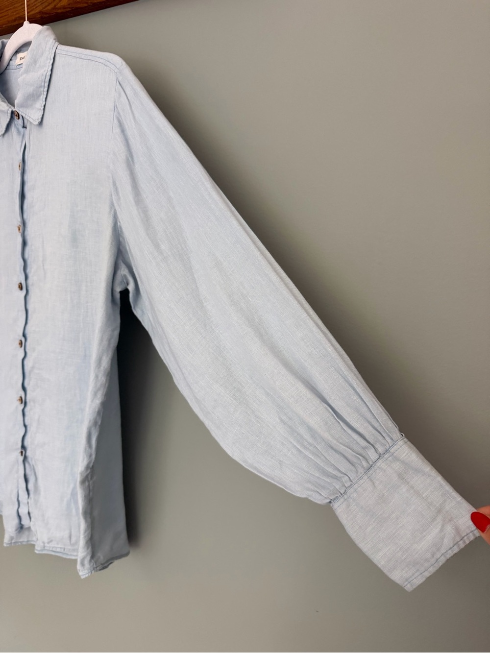 Raw + Flow Handmade 100% Linen Blue Balloon Sleeve Long Sleeve Button Down Shirt - Picture 6 of 15
